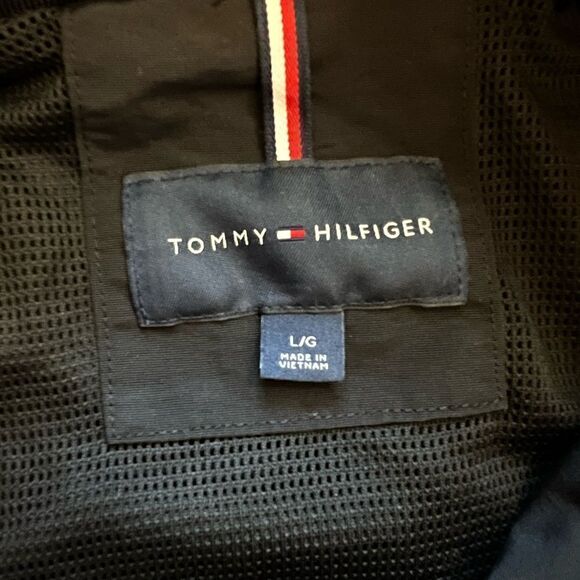 TOMMY HILFIGER Black High Neck Mid Weight Fall Rain Hooded Jacket Coat L - Picture 7 of 8